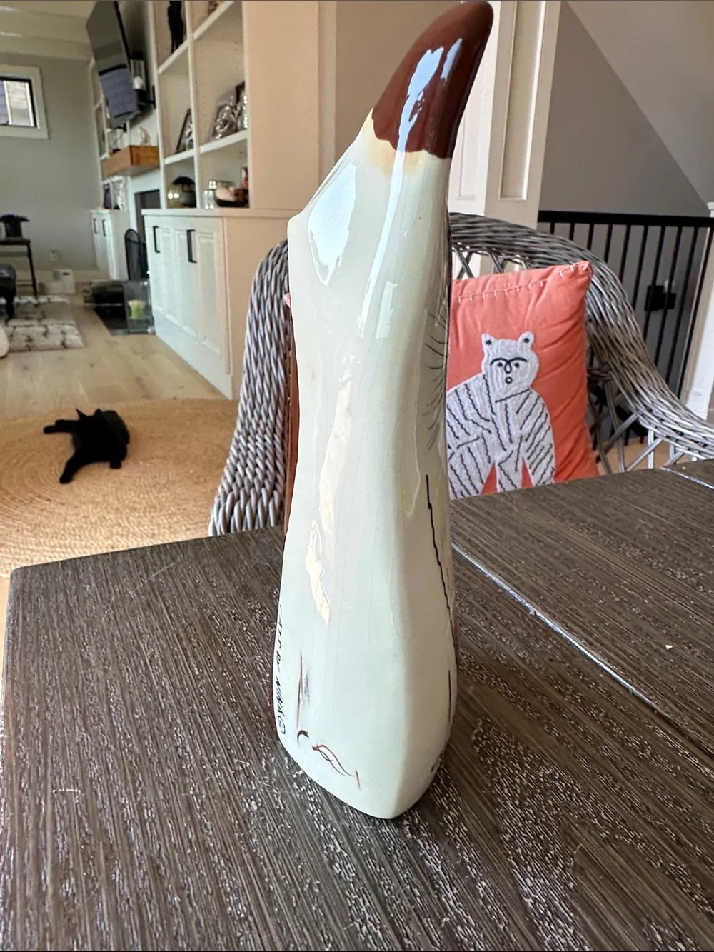 Handpainted Ceramic Cat Vase Figurine in Cream and Brown
